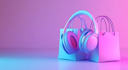 3D render of modern headphones surrounded by shopping bags on a vibrant pink and blue gradient background with neon light effect, highlighting a sleek and minimalistic design in open white space for f
