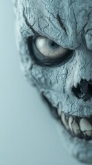 Obraz premium Close-up of a terrifying cracked zombie mask with sharp teeth and a hollow eye, evoking fear and horror in a detailed, eerie portrayal of a monstrous face