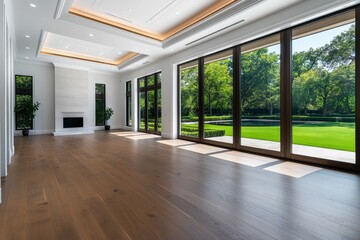 Obraz premium French doors with large windows, leading out to a patio or garden, with morning light flooding into the open living space