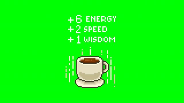 Level up video game item, pixel art coffee mug animation 