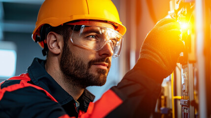 focused electrical engineer wearing protective gear works on control panel, ensuring safety and precision in his task. warm glow from panel highlights his concentration and expertise