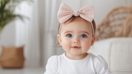 Smiling baby girl with a pink bow sitting in a bright, cozy room, capturing the warmth and innocence of childhood in a beautifully lit, minimalist home interior