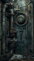 Rusty Industrial Pipes and Machinery in a Dark Setting