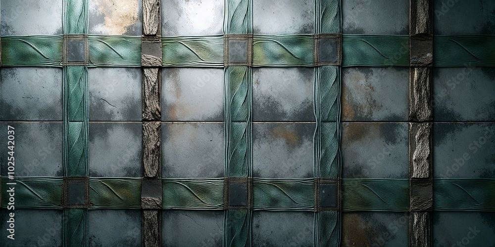 Poster Grunge green tile wall with wood accents, ideal for background.