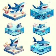 Cartoon-style sharks in underwater scenes with coral and bubbles.