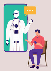 AI Health Doctor Robot Answering Medical Questions From A Man With Cellphone During An Online Therapy Session.