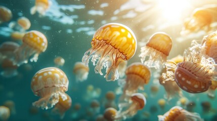 Beautiful glowing jellyfish in deep sea closeup view. Abstract background.