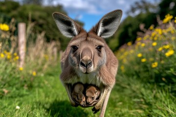 Fototapeta premium Kangaroos hopping through a grassy enclosure, their strong hind legs propelling them forward as they interact with joeys tucked safely in their pouches
