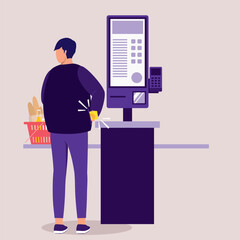 One Young Man Stealing Good Item By Hiding It Inside His Pocket At The Self-Checkout Machine.