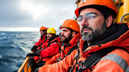 Offshore technicians wearing safety gear and helmets are focused on their work environment, showcasing teamwork and dedication in challenging maritime setting