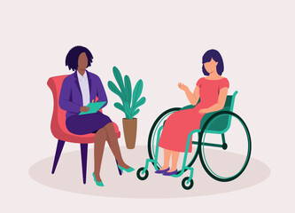 Disabled Young Woman In Wheelchair Seeing A Female Psychologist During A Psychotherapy Session.
