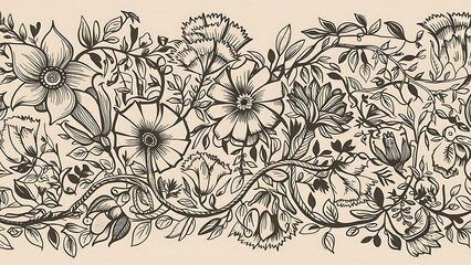 Fototapeta premium Vector Seamless Monochrome Floral Pattern. Hand Drawn Floral Texture, Decorative Flowers, Coloring Book