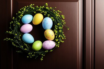 Minimalist Easter wreath with just a few pastel eggs and simple green vines, set against a wooden door, focusing on clean lines and elegance