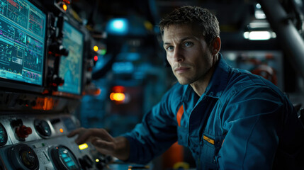 focused man in blue jumpsuit operates advanced control panels in dimly lit offshore control room, showcasing high tech environment
