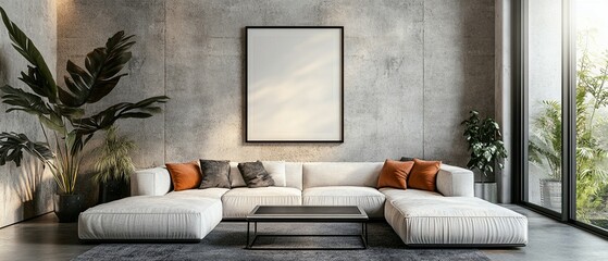 Contemporary living room showcasing a concrete wall, white couch, bright window, and a blank frame for personalization.