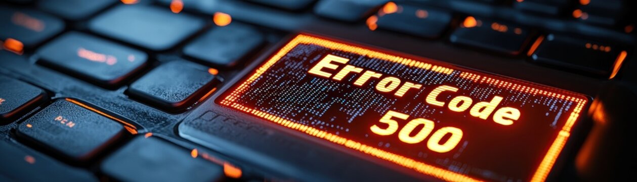 A dark-themed keyboard showing "Error Code 500" lit up, symbolizing a server error in digital contexts.