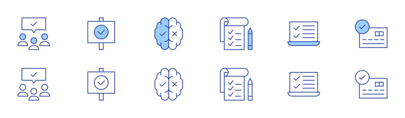 Checkmark icon set in two styles, Duotone and Thin Line style. Editable stroke. task list, testing, credit card, audience, approved, decision making