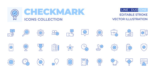 Checkmark icons collection. Line Duotone style, editable stroke. check, placeholder, star, checklist, validated, trophy, badge, stamp, time, customer satisfaction, smartphone, shield