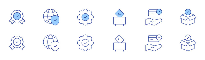 Checkmark icon set in two styles, Duotone and Thin Line style. Editable stroke. vote, credit card, purchase, badge, security, success