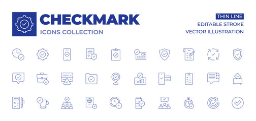 Checkmark icons collection. Thin Line icons, editable stroke. check, teamwork, server, placeholder, folder, battery, passport, good signal, good, customer satisfaction, suitcase, coffee