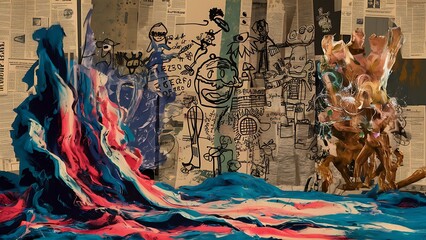 Fototapeta premium Messy and spontaneous digital collage. The work combines acrylic painting, hand-drawings and pieces of scanned newspapers and other found surfaces.