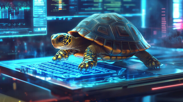 A turtle typing on a futuristic keyboard in a vibrant tech environment with glowing screens and colorful data visuals
