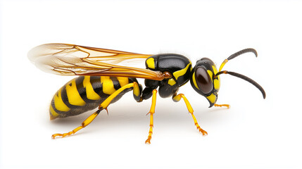 a close-up of a wasp with a distinctive yellow and black striped pattern. 