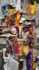 Fototapeta premium Messy and spontaneous digital collage. The work combines acrylic painting, hand-drawings and pieces of scanned newspapers and other found surfaces.