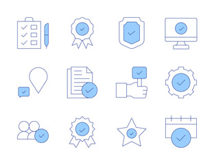 Checkmark icons. Line Duotone style, editable stroke. check, compatibility, agree, star, checklist, shield, check mark, badge, approve, validation