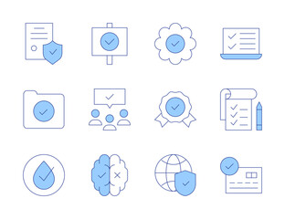 Checkmark icons. Line Duotone style, editable stroke. folder, insurance, hypoallergenic, task list, testing, credit card, audience, approved, decision making, badge, security, success