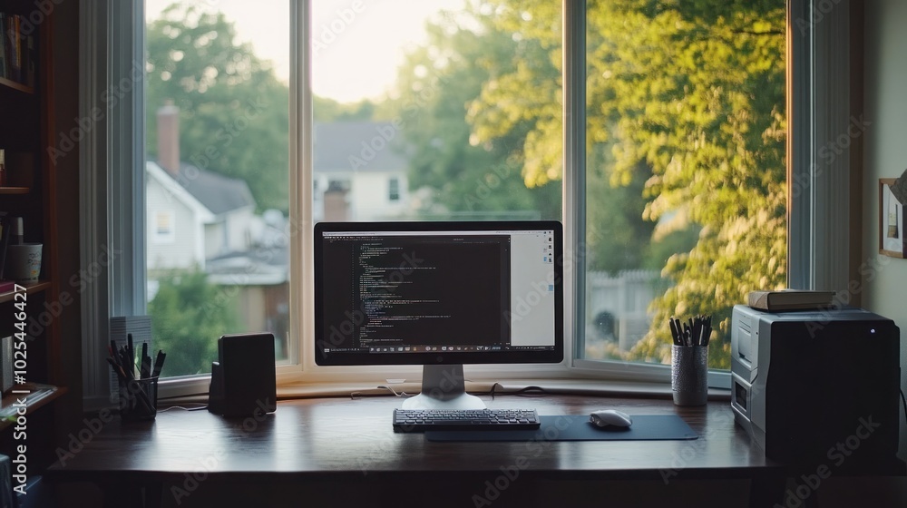 Fototapete a computer with code on the screen sits on a desk next to a window overlooking a suburban neighborho