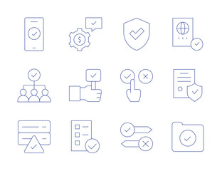 Checkmark icons. Thin Line style, editable stroke. decision, answer, process, agree, shield, smartphone, teamwork, server, folder, passport, insurance, checklist