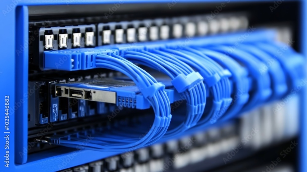 Poster interconnected network server, a closeup view of ethernet cables and data connectivity