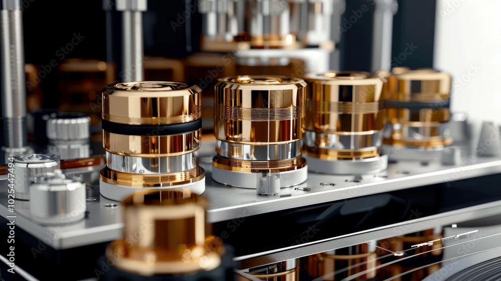 Poster close-up of intricate metallic components, likely part of a high-end audio device.