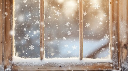 Naklejka premium Serene winter view, snowflakes gently falling down a windowpane, blurring the outside scenery