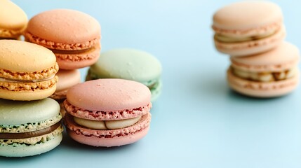 Obraz premium Colorful macarons stacked on a light blue background with copy space.
