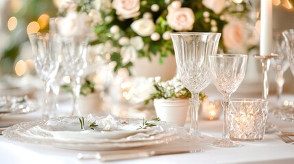 Close-up of a beautifully set table with white plates, crystal glasses, and a sprig of greenery.