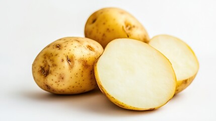 A realistic and detailed image of a fresh potato placed on a clean white background. This close-up shot captures the natural texture, shape, and earthy qualities of the potato, 