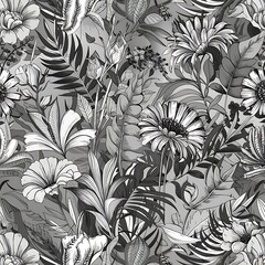 Vector Seamless Monochrome Floral Pattern. Hand Drawn Floral Texture, Decorative Flowers, Coloring Book