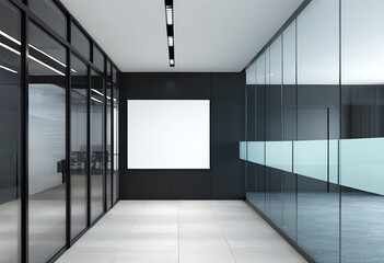 Obraz premium Contemporary Glass Hallway Featuring Blank White Banner on Black Wall. Made with Generative AI Technology