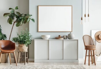 Cozy interior with an empty poster frame mockup. Made with Generative AI Technology