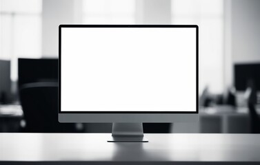 Fototapeta premium Desktop Computer with Blank White Screen on Work Table with Blurred Background. Made with Generative AI Technology