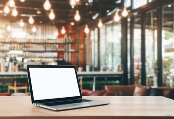 Laptop with Blank White Screen in Coffee Shop Setting. Made with Generative AI Technology