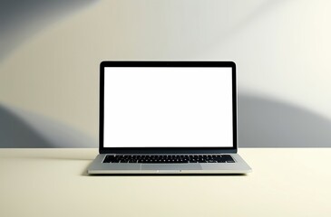 Laptop with Blank White Screen on Work Table with Blurred Background. Made with Generative AI Technology