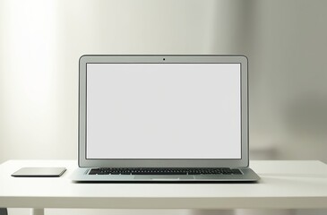 Laptop with Blank White Screen on Work Table with Blurred Background. Made with Generative AI Technology