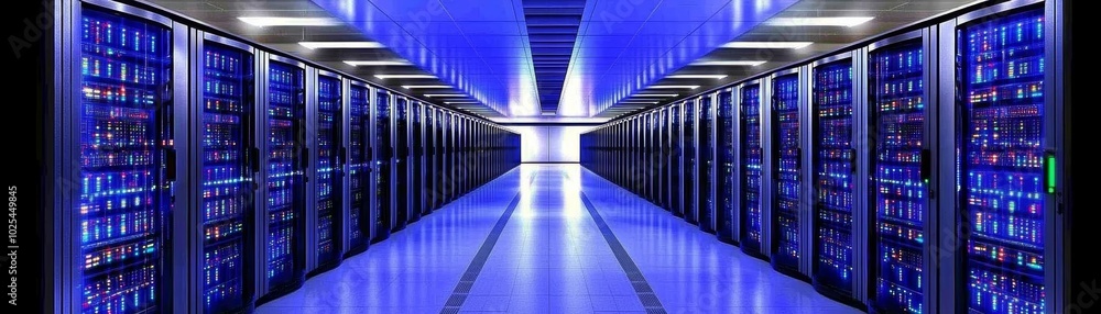 Poster illuminated data center hallway with rows of servers for network and data storage