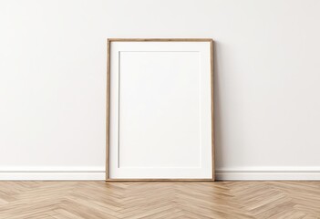 Vertical A4 Wooden Frame on Floor with White Wall Background. Made with Generative AI Technology
