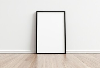 Vertical A4 Wooden Frame on Floor with White Wall Background. Made with Generative AI Technology