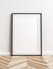 Vertical A4 Wooden Frame on Floor with White Wall Background. Made with Generative AI Technology