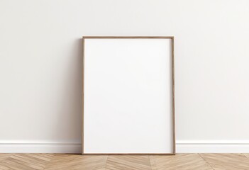Vertical A4 Wooden Frame on Floor with White Wall Background. Made with Generative AI Technology